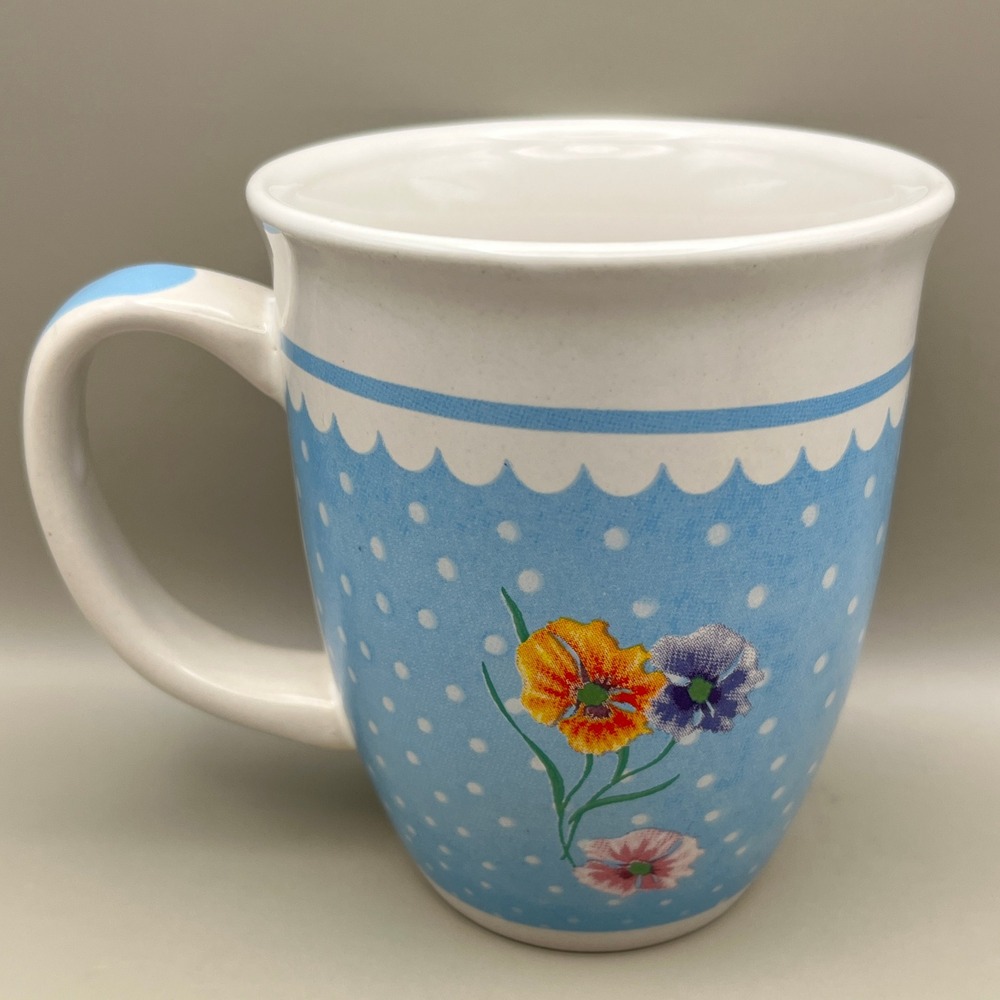Royal Norfolk Blue Polka Dot Floral Pansy Ceramic Coffee Mug Cottagecore Tea Cup